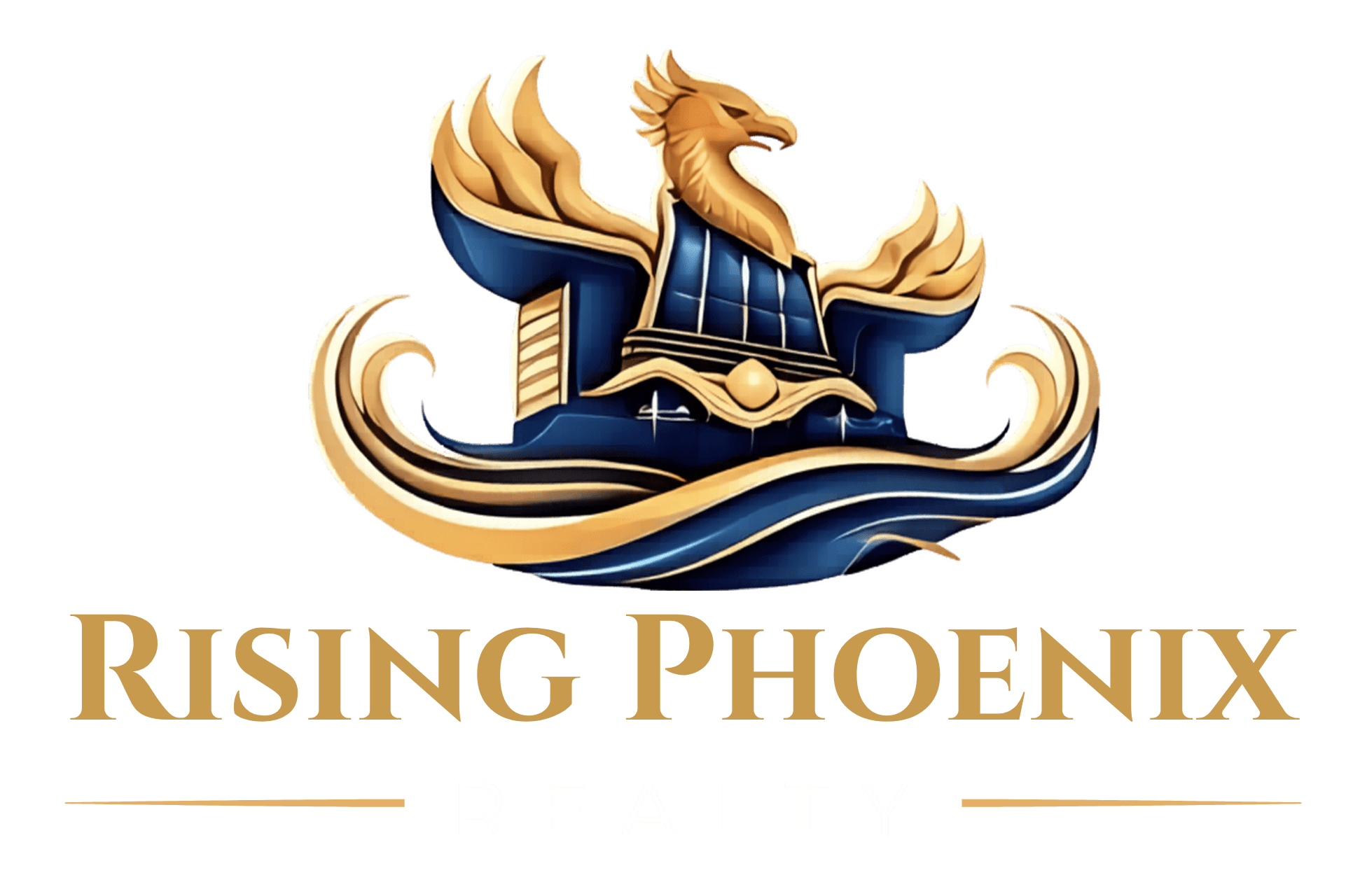 Rising Phoenix Realty logo: A golden phoenix rising, representing financial services and real estate solutions.