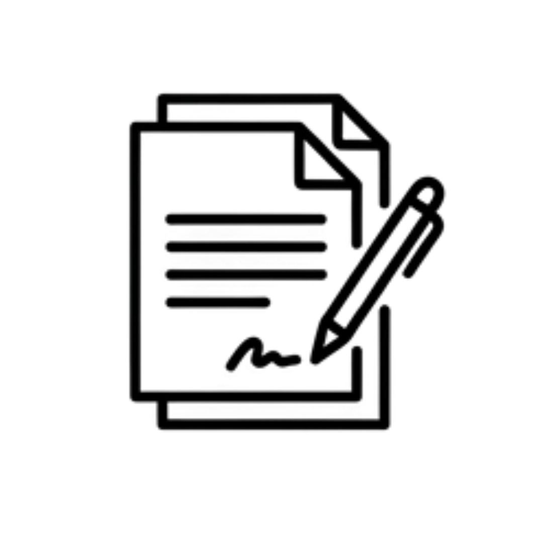 Home: Signed contract icon. Business agreement, document with pen. Legal paperwork symbol, black and white drawing.