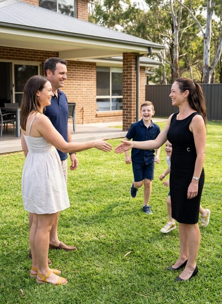 Candice and family celebrating new home purchase. Happy family shaking hands with real estate agent on their new property.